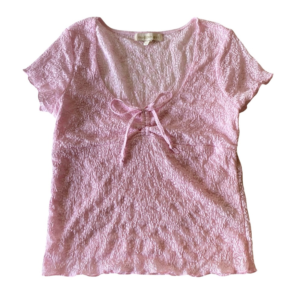 Madden Girl Women Pink Lace Short Sleeve Ruched Front Tie Top XL